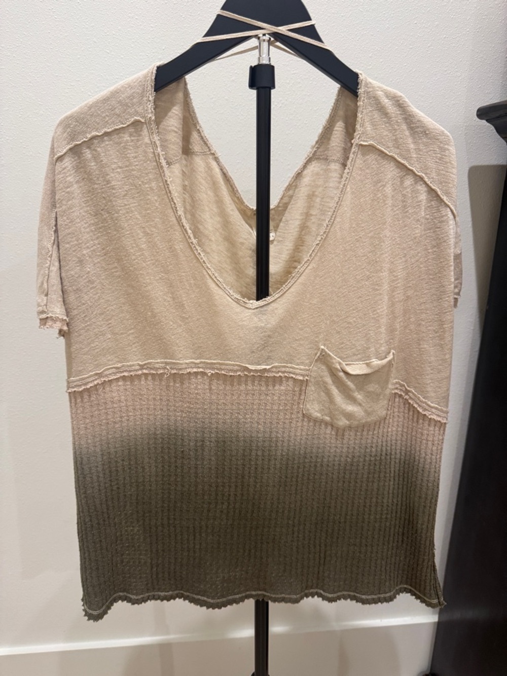 We The Free Beige to Olive Ombre V-Neck Pocket Tee